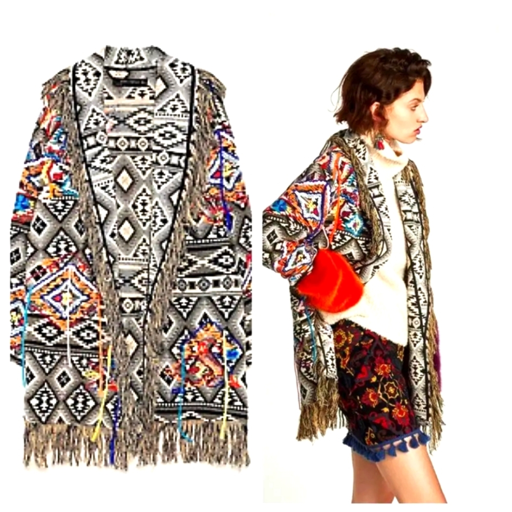 ZARA Embroidered Jacquard Western Fringe Oversized Boho Coat Jacket Small
